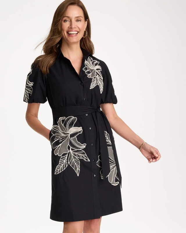 Embroidered Poplin Cotton Belted Dress - image 1